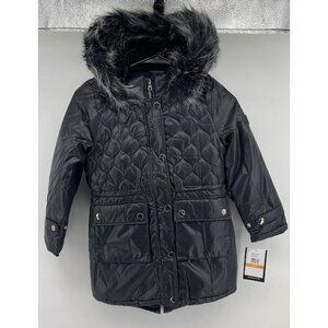 London Fog Girls Hooded Puffer Quilted Jacket, Size 6X Black Faux Fur NWT